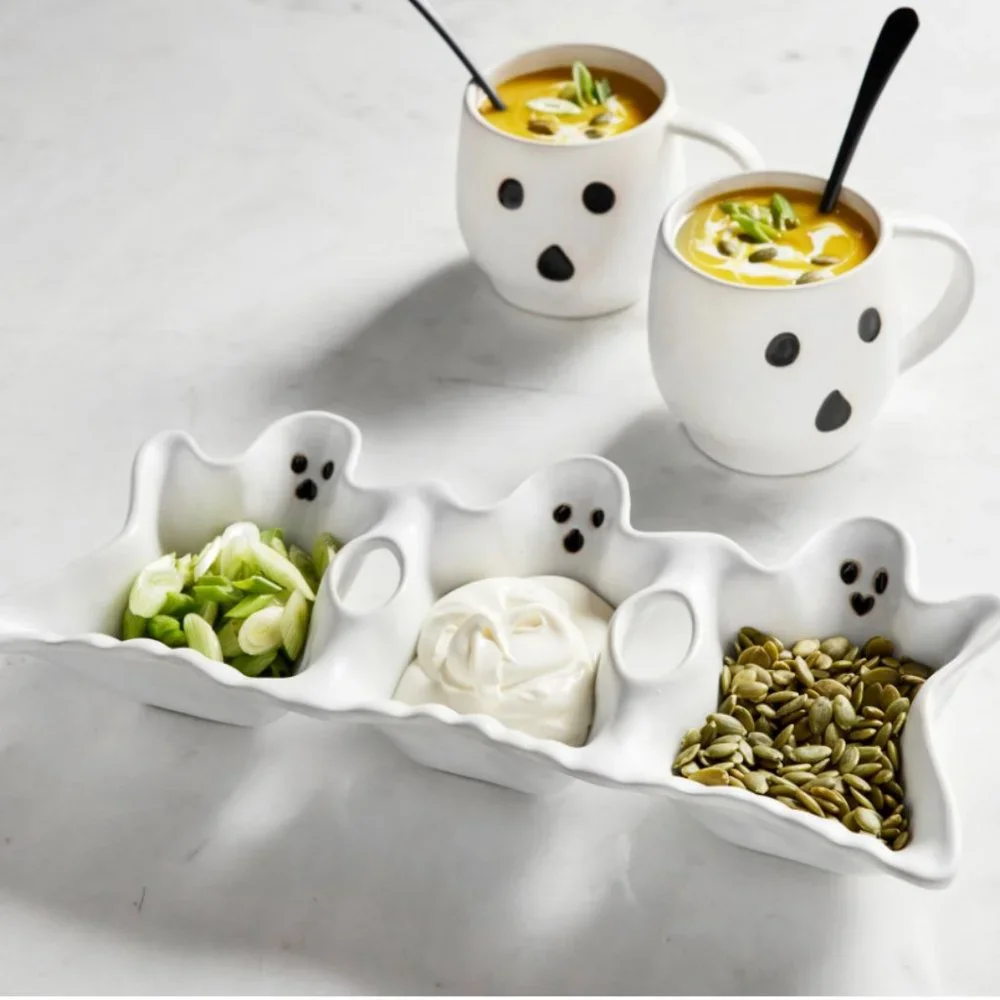 Pottery Barn Figural Ghost Stoneware Triple Condiment Server